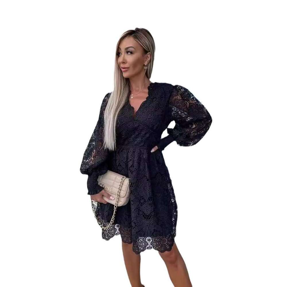 European And American Style Commuting V-Neck Sexy Hollow Lace Dress, Fashionable Quality Classic