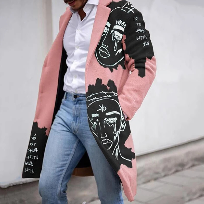 Man Single Breasted Jacket Letter Printing Button Long Slim Coat Sleeve Autumn Winter Warm Causal Harajuku Street Outwear 241213