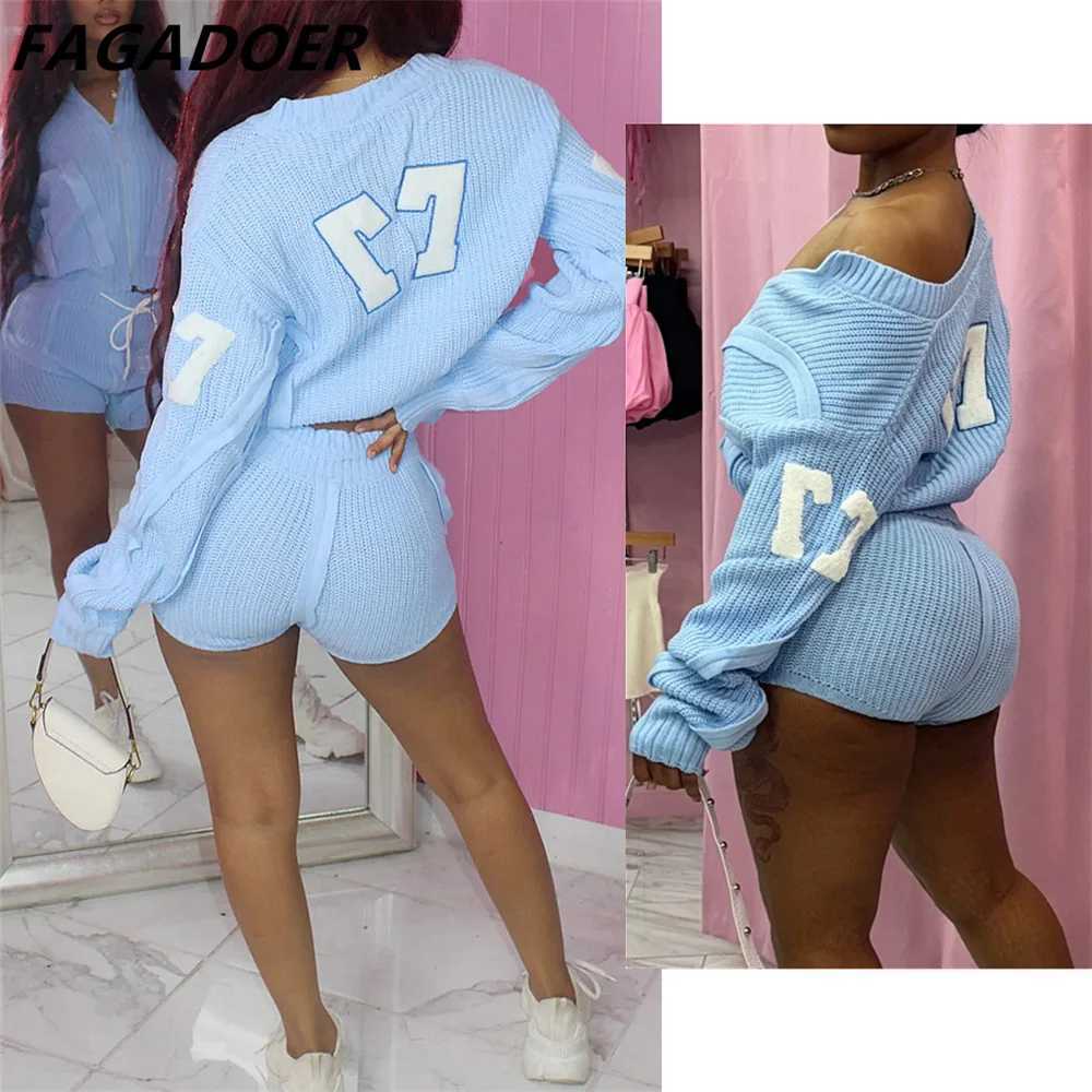 Women's Two Piece Pants FAGADOER Swt Knit 2 Piece Sets Women Outfit Female Lapel Zip Stripe Patchwork Crop Top And Drawstring Waist Shorts Suits 