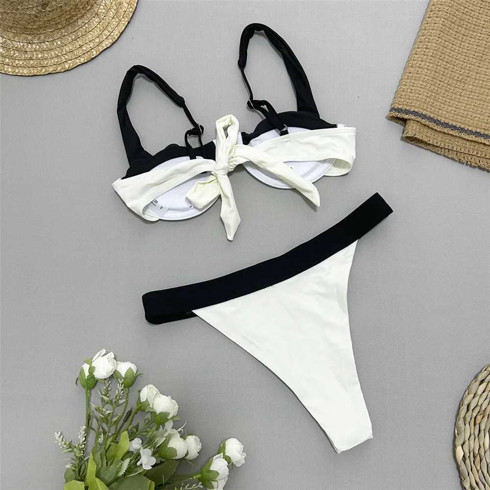 Black White Contrast Swimwear Push Up Bikini Set Sexy Swimsuit Women High Cut Bathing Suit Underwired Bikinis 2024 Mujer BatherXJ241212