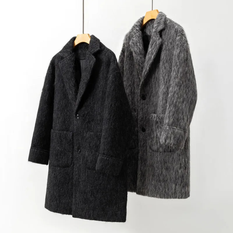 OIMG 1. White background long haired mohair wool mens long wool coat 241211