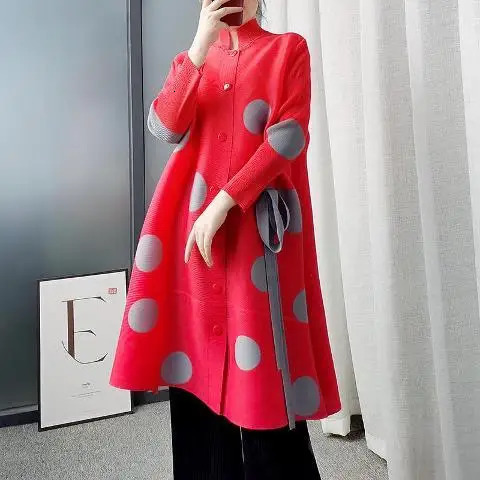Wool Blends Pleated Ladies Windbreaker Jacket Autumn Singlebreasted Stand Collar Lightly Cooked Print Polka Dot 241213