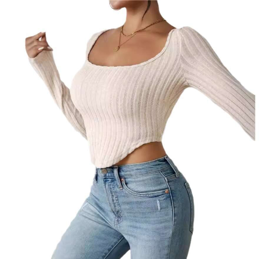 European and American hot selg 2024 summer new square neck long sleeved irregular pit stripe T-shirt for women