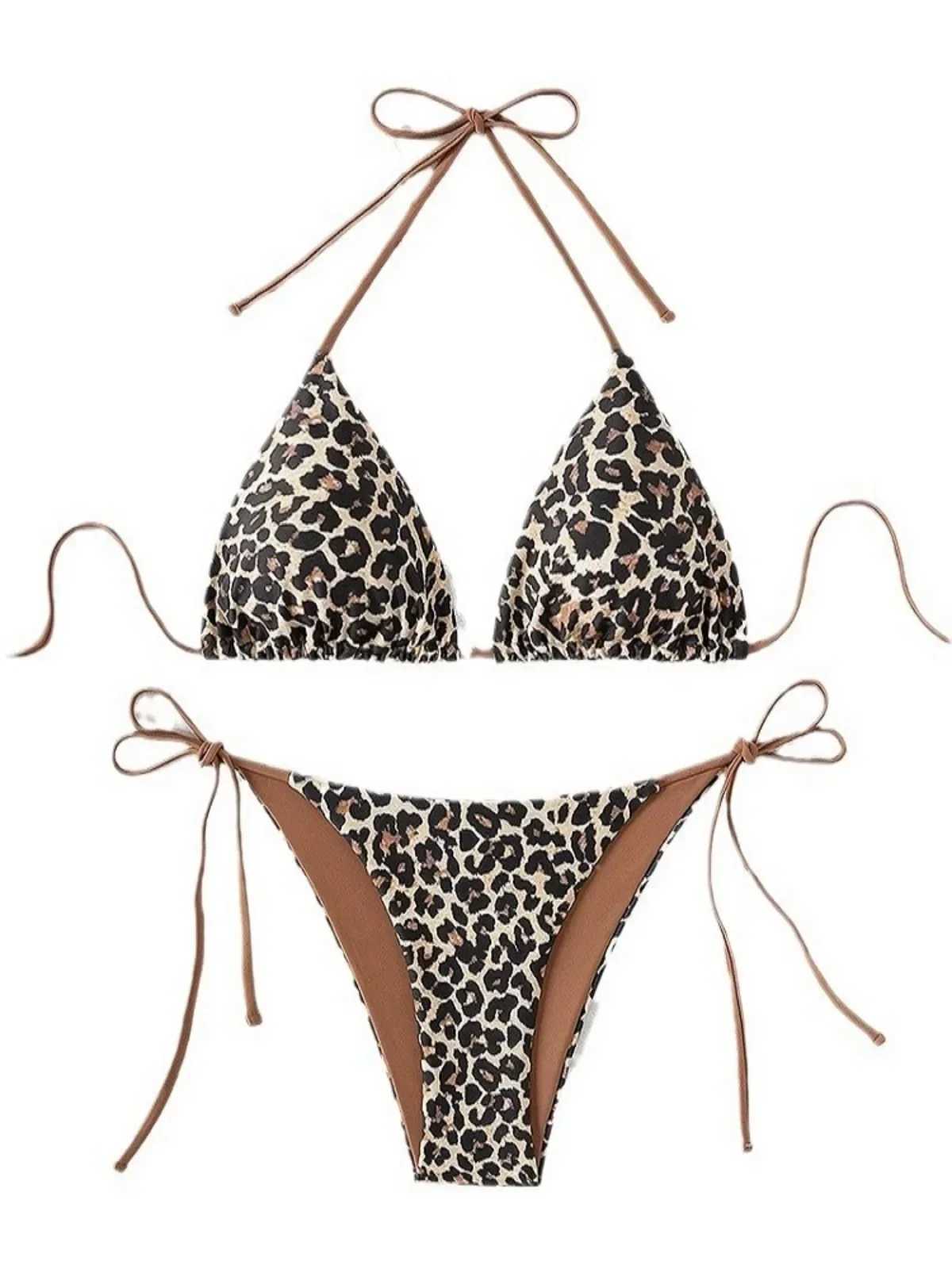 Sexy opard Print Two Piece Swimsuit Set Triang Bra Suspender Halter ss Bikini Set Beach Vacation Lace-up Swimwear 2025XJ241212