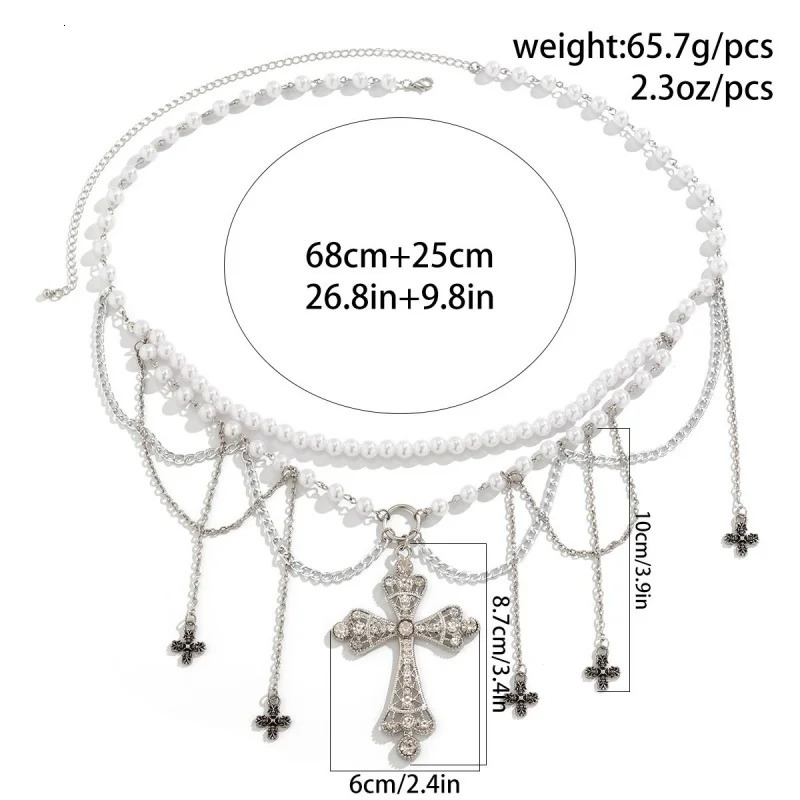 Y2K Millennium Spicy Girl Cross Pearl Necklace For Women Multi layer Waist Chain Light y Niche Sweater 241213