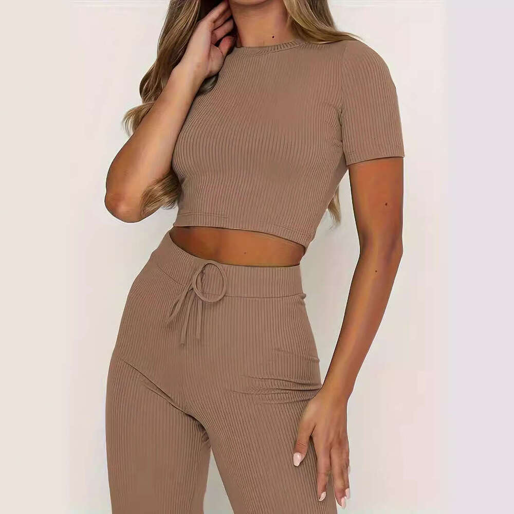 European And American New Suit Women's Solid Color High Elasticity Shaping Short Sleeved Wide Leg Pants Two-Piece Set Trendy Clothing Fashion Cas