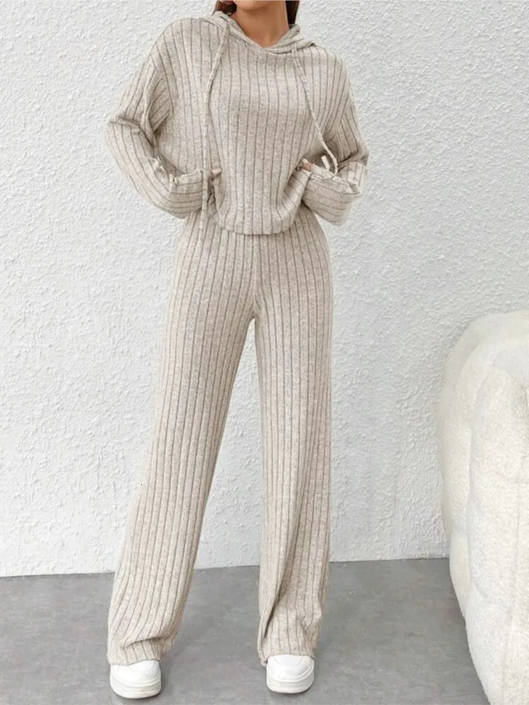 Fashionable Longsleeved Hooded Top Pants 2piece Set For Women Autumn Winter Solid Color Loose Knitted Sweatshirt Suit Female 241203