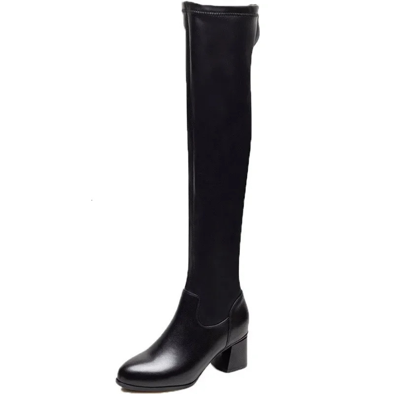 2024 Womens Leather Elastic Boots Womens Plush Long Boots Autumn Winter Thick Boots Knee Up Skating Boots Knight Bottas 241213