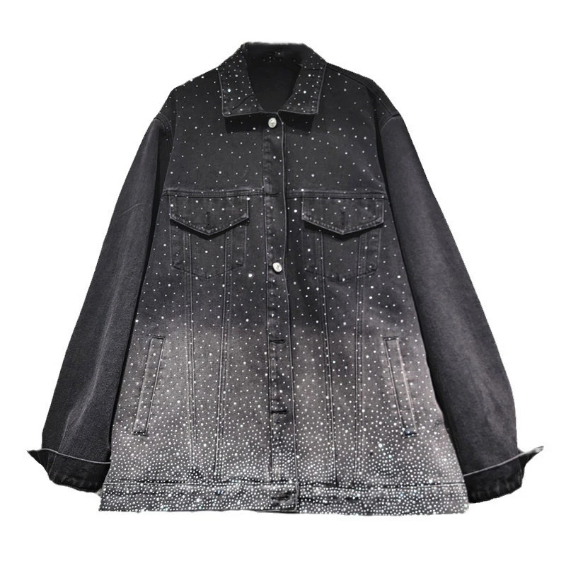 DEAT 2024 trend gradient heavy industrial diamond jacket womens long sleeved loose denim jacket womens 11A0615 241209