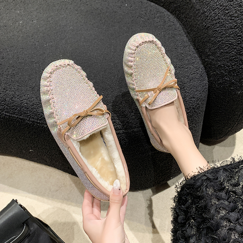 2025 High Quality Designer Plush Women's Flat Shoes Fashion Women's Luxury Bow Water Diamond Casual Shoes Plus Size Winter Warm Work Shoes S