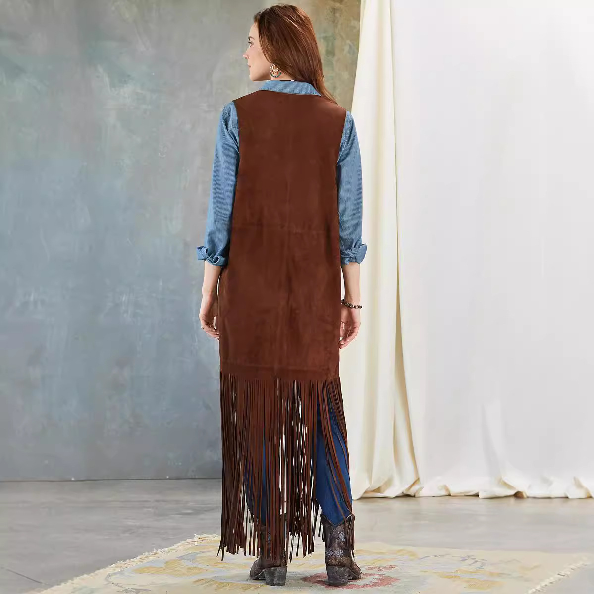 Women's Vests Western Fringed Vest Open Front Fringed Vest Cardigan Women's Fringe Tassel Vest with Patch Pockets Loose for Cowboy