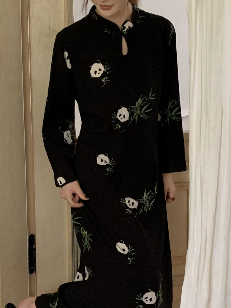 G771 Retro long-sleeved new Chinese style green national style rayon improved cheongsam skirt protein cotton silk large size dress nightgown