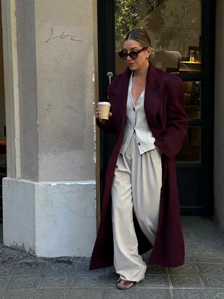 Elegant Burgundy Doublebreasted Woolen Long Coat Women With Pockets Full Sleeves Overcoats Autumn Lady High Street Outwear 241213
