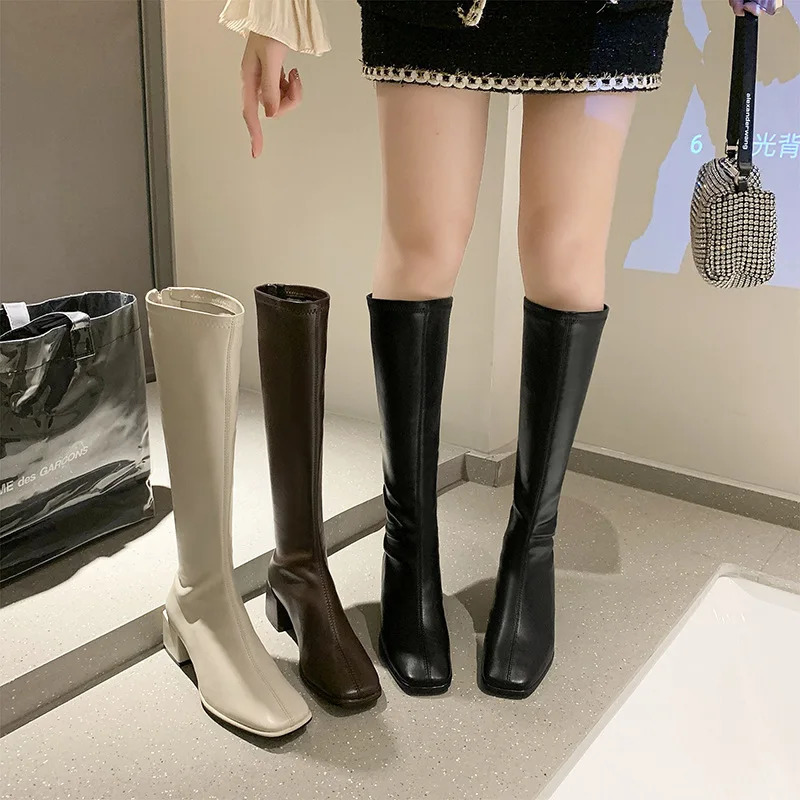 Winter Casual Fashion Womens Elastic Tight Boots Solid Color Thin Temperature Fashion Boots Large Size Knight Boots 241213