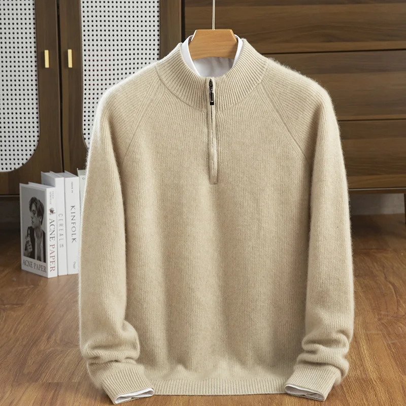 Autumn And Winter 100% Cashmere Mens Semi High Neck Zipper Versatile Temperament Sweater 241213