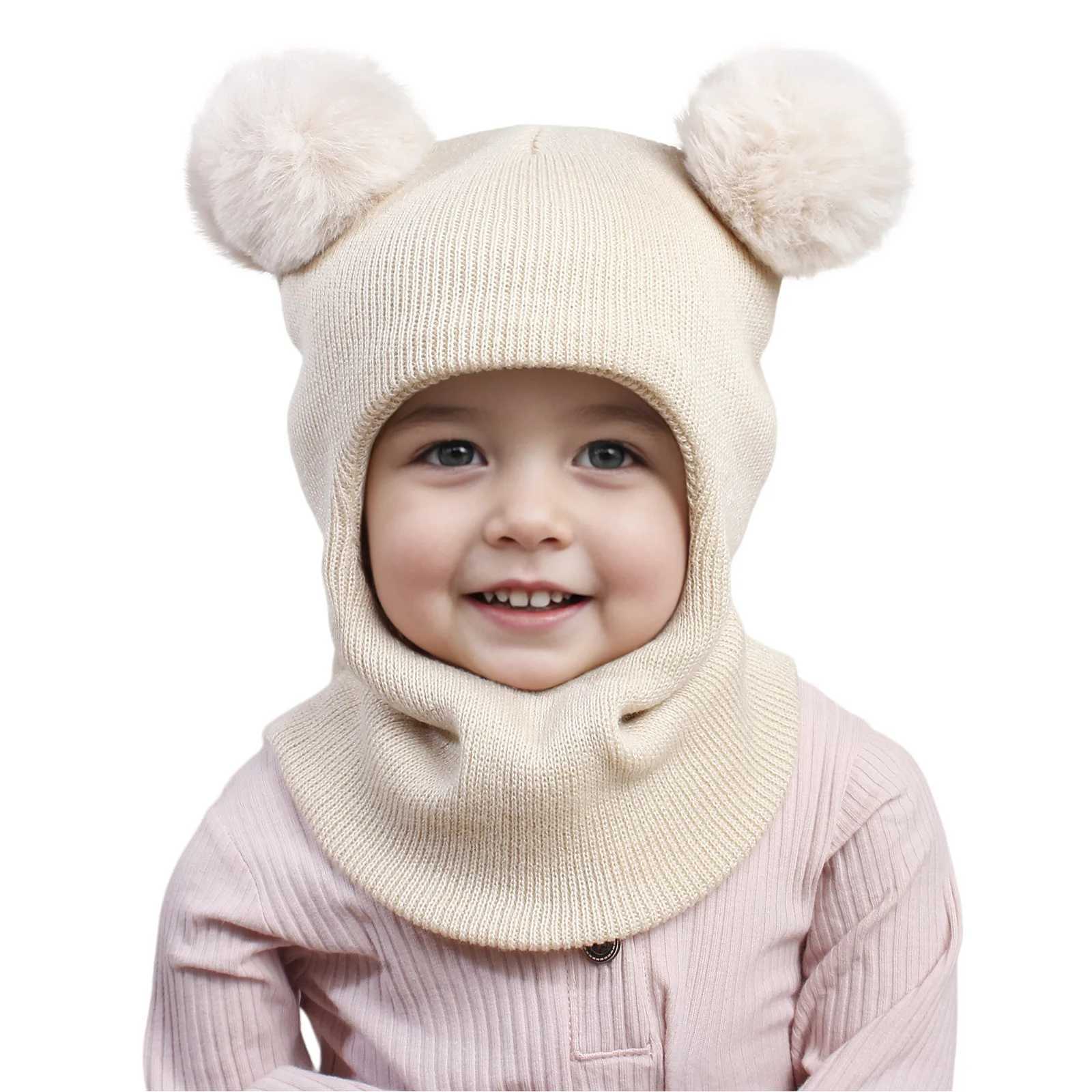 Autumn Winter Balaclava Hats For Children Double Balls Ear Protection One-piece Hat Scarf Cute Pompom Ball Boys Girls Wool CapXJ241213