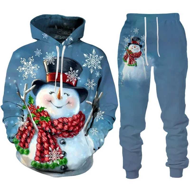 Santa Claus 3D printed mens hoodie sports loose New Year holiday casual oversized pull-out set W241213
