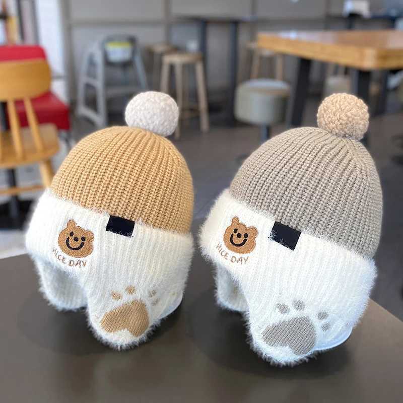 Children Plush Earmuffs Cap 1-6year Kids Winter Warm Knitted Hat Korean Baby Bear Beanie Pompom Ball Toddler Ear Protection CapsXJ241213