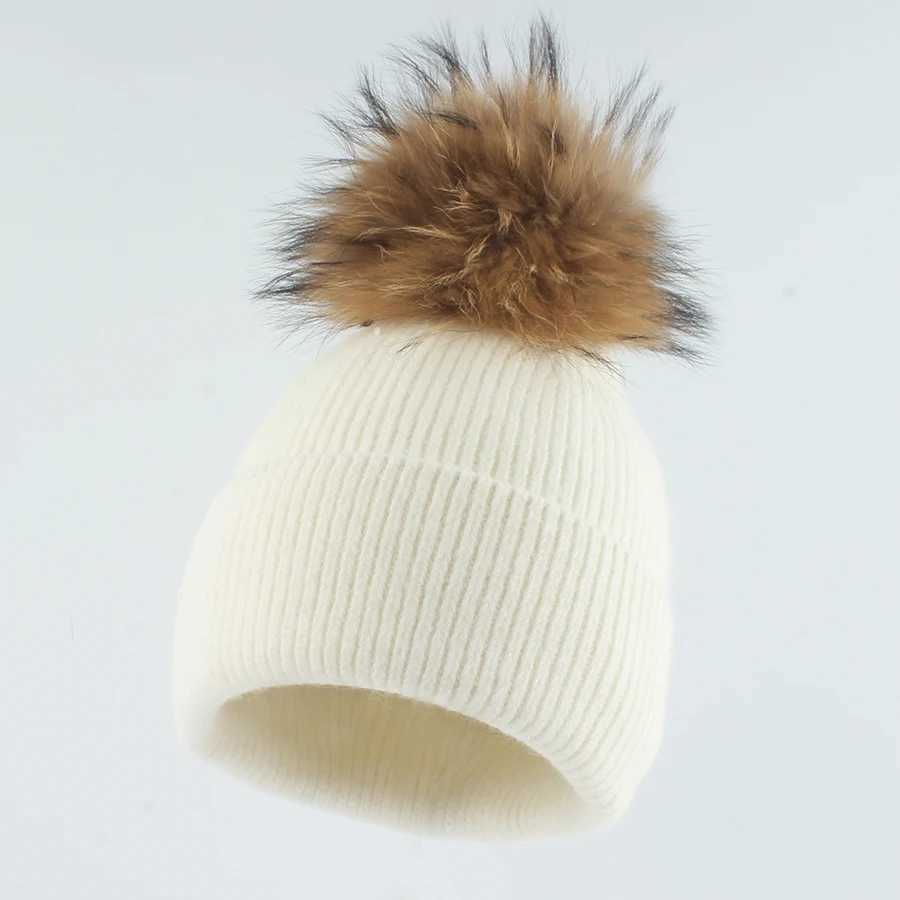 New Angora Rabbit Fur Knitted Beanie Hat Women Winter Real Raccoon Fur Pom Hats Warm Soild Color Ear Protection Warm CapXJ241213