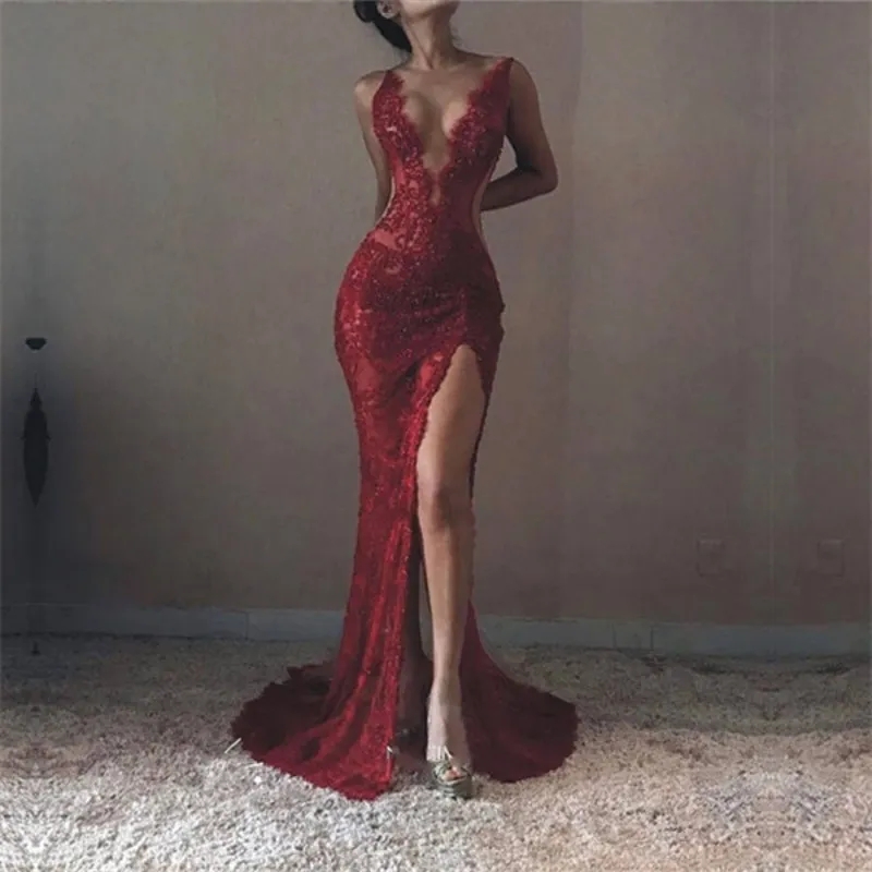 Sexy Burgundy Lace Evening Dresses Backless V Neck Appliques High Split Mermaid Formal Prom Party Gowns Robe De Soiree Vestidos Ba6811 B0313