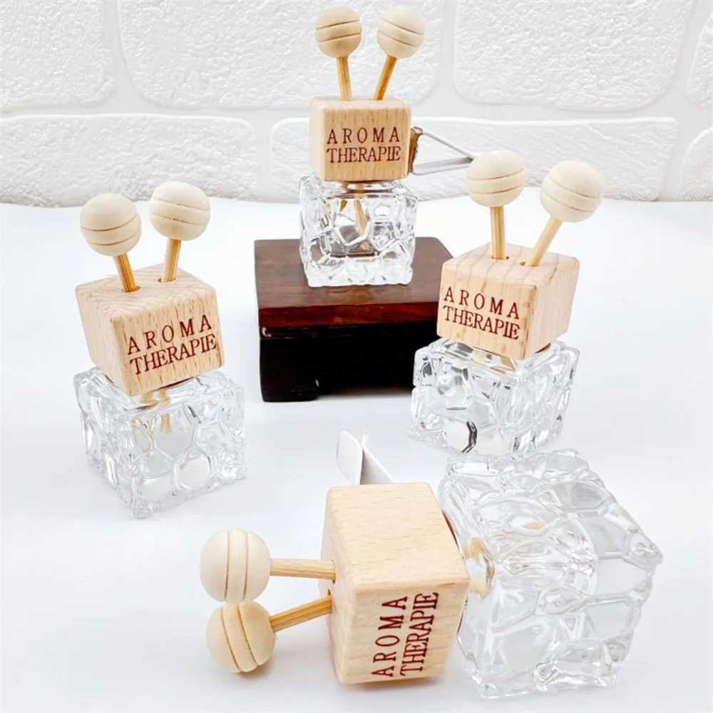 0.27oz Water Cube Air Outlet Perfume Empty Bottle Car Glass Diffuser Bottle Wooden Cap ener With Clip Vehicle Fragrance DecXJ241213