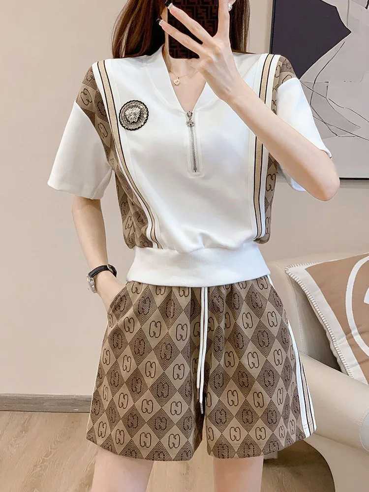 Women's Two Piece Pants 2024 Summer Thin 2 Pieces Sets Women Casual V-neck Short Pullover T-shirt Tops Conjuntos Korean High Waist Loose Pants Tr