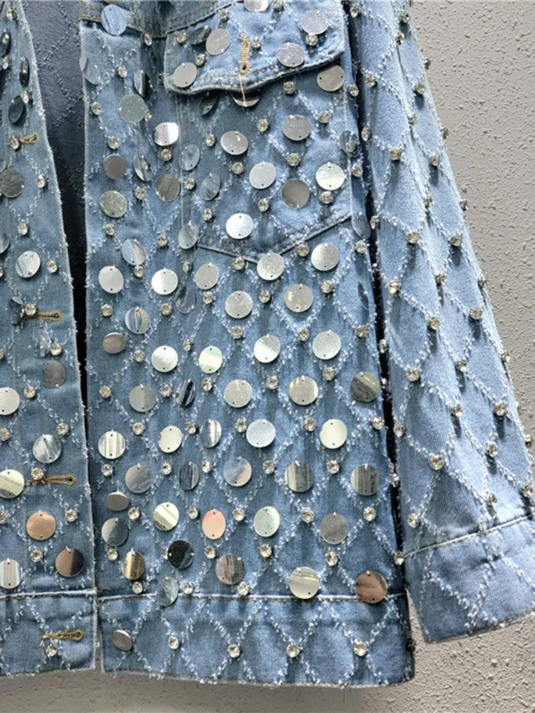 womens diamond bead denim jacket Rhinestone sequin jeans bomber jacket crystal denim cardigan single chest top 241209