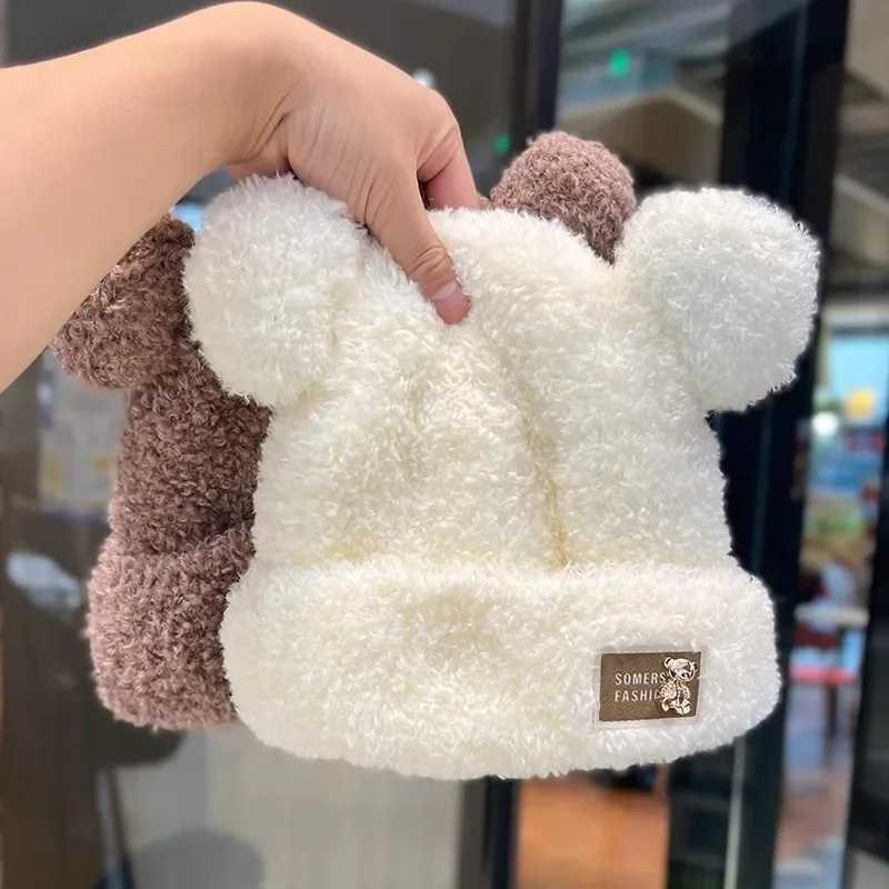 Cute Winter Plush Beanie Cap for Women Bear Ear Knitted Wool Hat Female Girls Solid Color Thicken Lamb Fleece HatsXJ241213