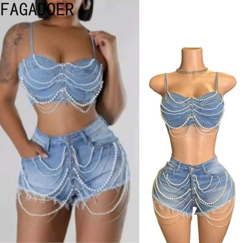 Women's Two Piece Pants FAGADOER Sexy Denim Two Piece Set for Women Spaghetti Strap Pearls Patchwork Crop Top + Shorts Suit Hot Girl Y2k Strtwear