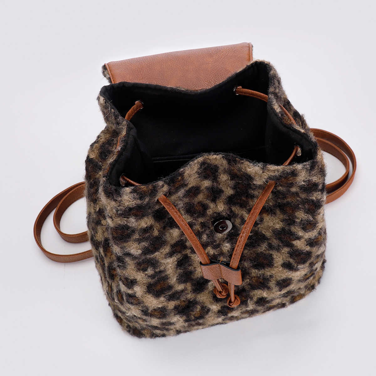 autumn winter leopard print backpack plush women's bag fashionable and high-end sense niche women's backpack 241215