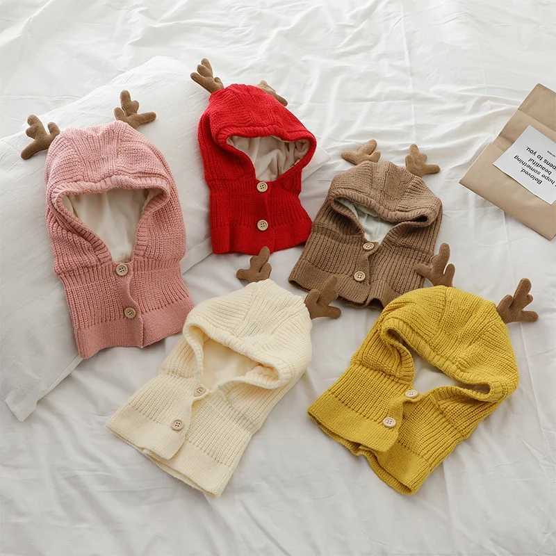 Deer Design Baby Hood Beanies One Piece Scarf Cap Winter Warm Knitted Ear Protection Hat Solid Color Infant Headgear BonnetXJ241213
