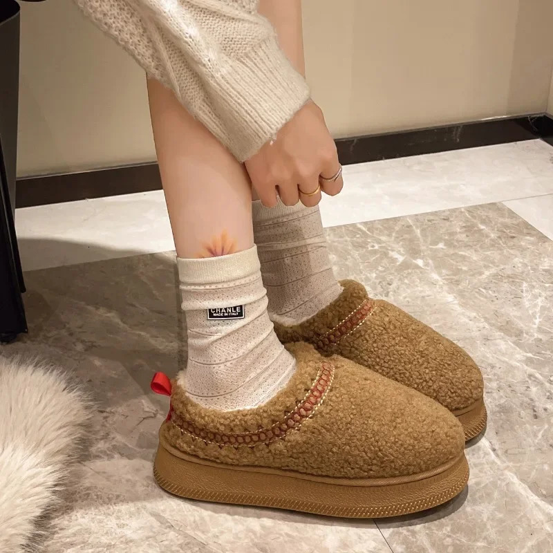 Warm Fur Ankle Boots Women Flats Platform Slippers Plush Flip Flops Winter Cotton Shoes for Women Snow Botas 241212