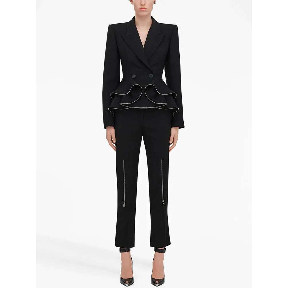 Ladies' Suit HIGH QUALITY Newest Fashion Designer Set Women's Zipper Ruffle Edge Blazer 2Pcs Pants Suit