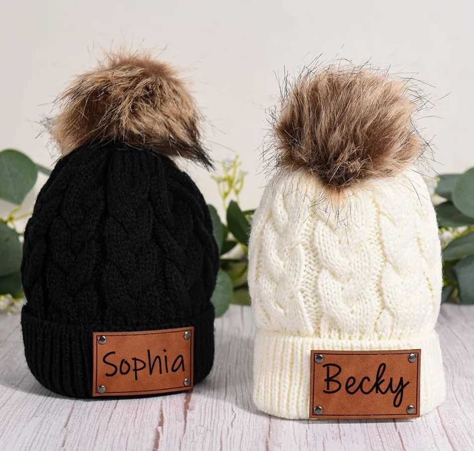Custom Infant Beanie with NameBaby BeaniesKid Knitted HatLeather Patch Beanie for Baby PersonalizedToddler Child Baby BeanieXJ241213