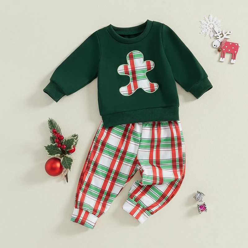 0-3 year baby boy childrens Christmas set gingerbread mens checkered pattern long sleeved sportswear elastic pants 2-piece baby set W241213