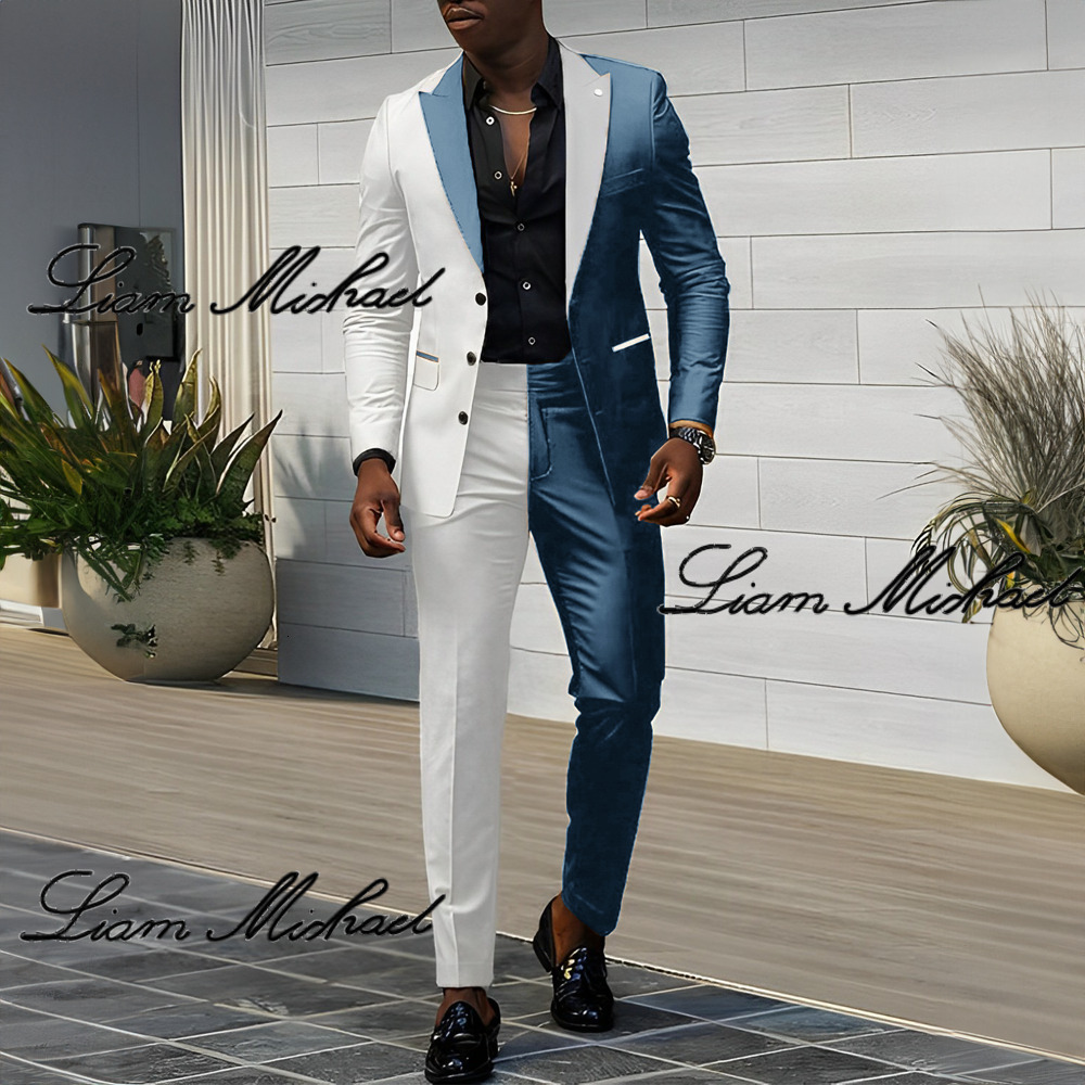 Color Block 2 Piece Wedding Groom Tuxedo 3 Button Jacket Pants Fashion Design Men's Elegant Suit