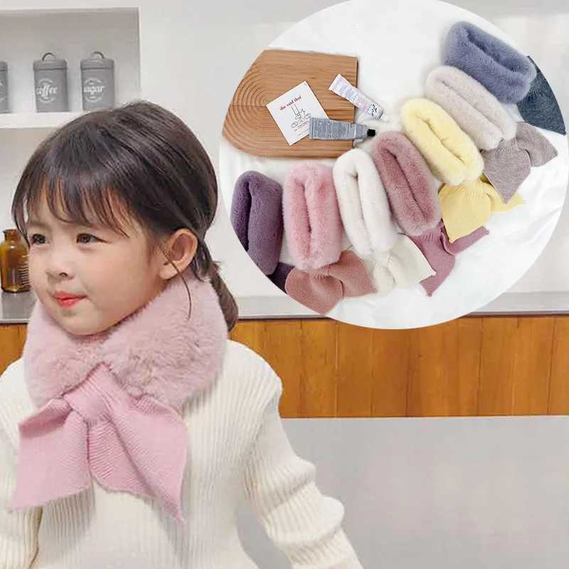 Scarves Wraps Korean Winter Children Scarf Cute Cold-Proof Kids Neckerchief Solid Color Warm Plush Baby Boys Girls Knitted Bib H241213JCB6