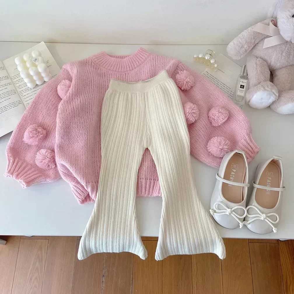 4152 Children Clothes 2024 Autumn and Winter Girls Wool Pants Fashionable Knitted Bell Bottoms Or Ball Knitted Sweater Tops W241213