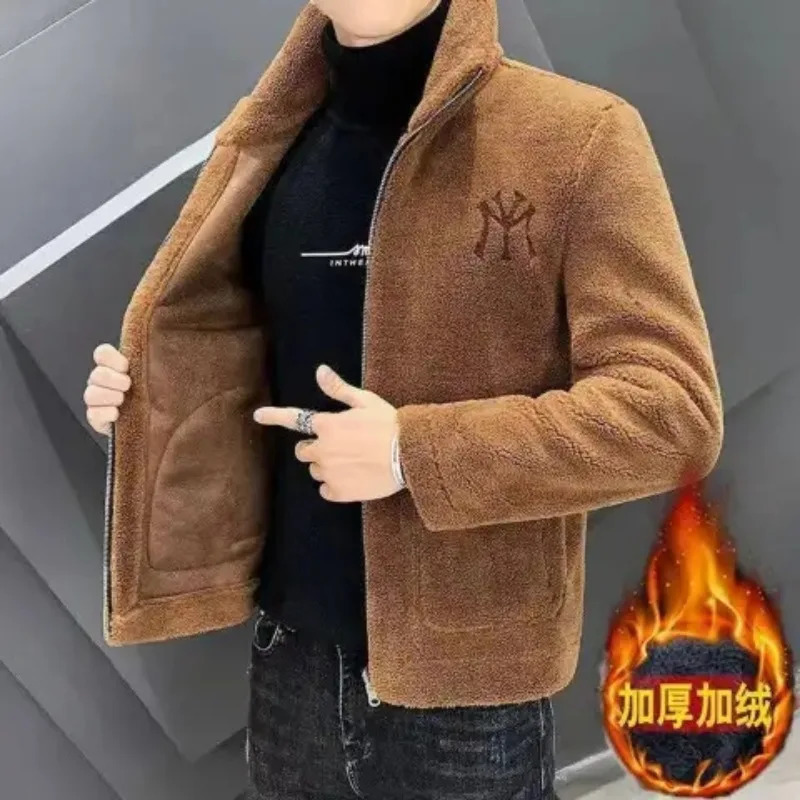 Mens Autumn and Winter Lamb Wool Jacket Lapel with Thick Fleece 241213