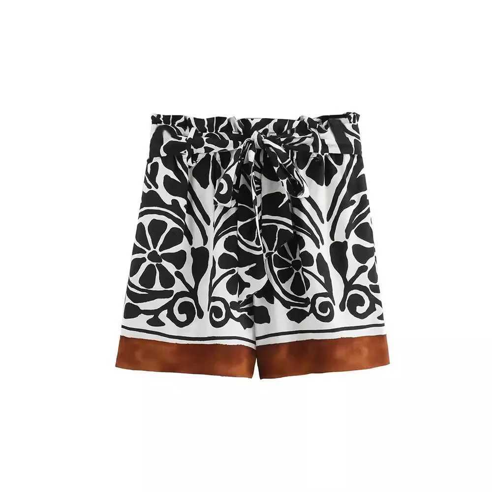 Women's Two Piece Pants 2024 Summer New Womens Fashion V-neck Printed Loose Shirt High Waist Paper Bag Printed Bermuda Shorts Set Y241213491K