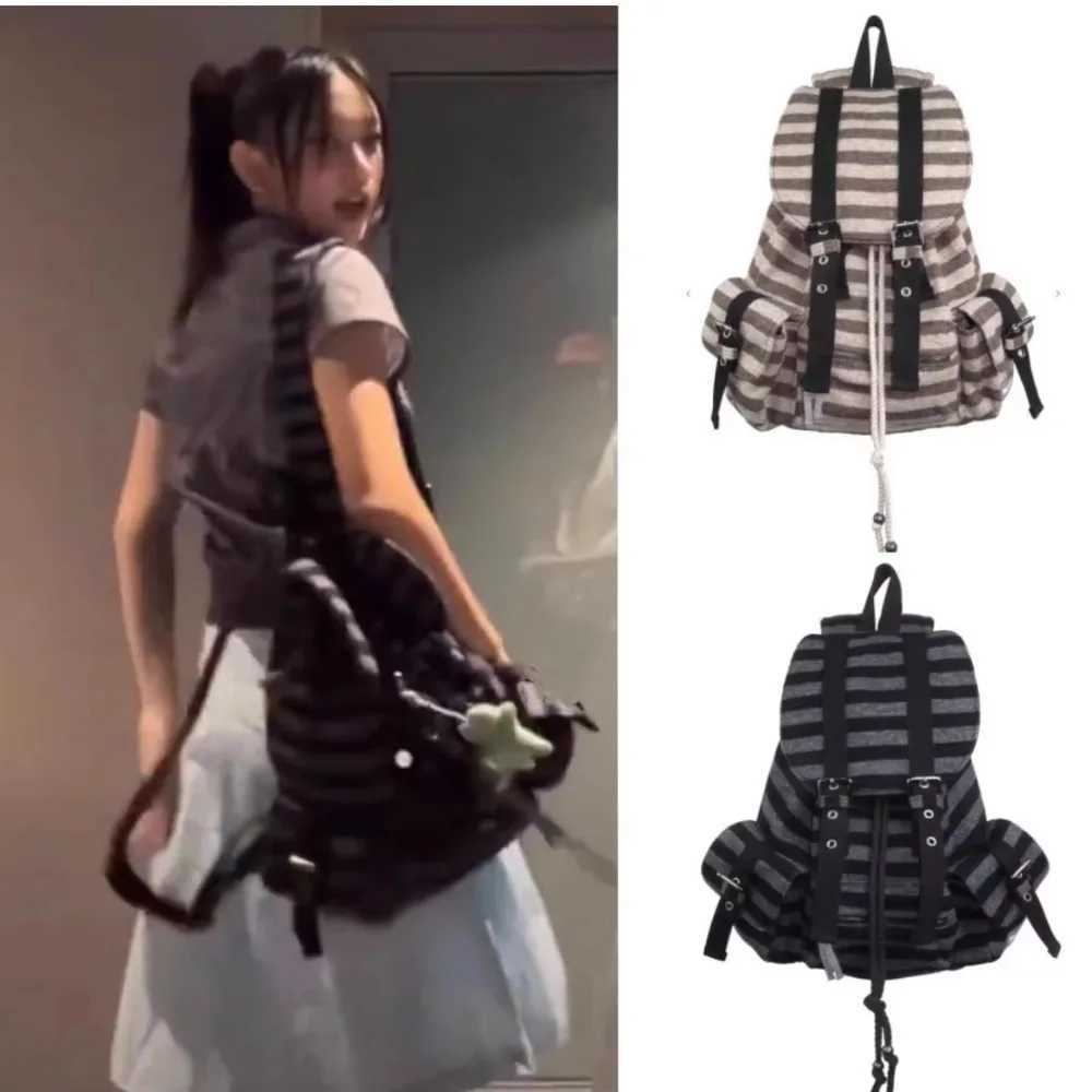 High Quality Korean Style Backpacks Drawstring Design Flat Stripe Bookbags Large Capacity Soft Tote Bags Unisex Y250724