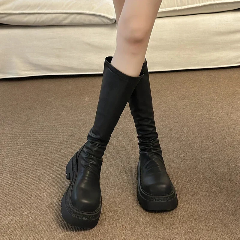 Platform Womens Knee High Boots Fashion Strap Zipper Knight Boots Autumn Womens Thick Boots 241213