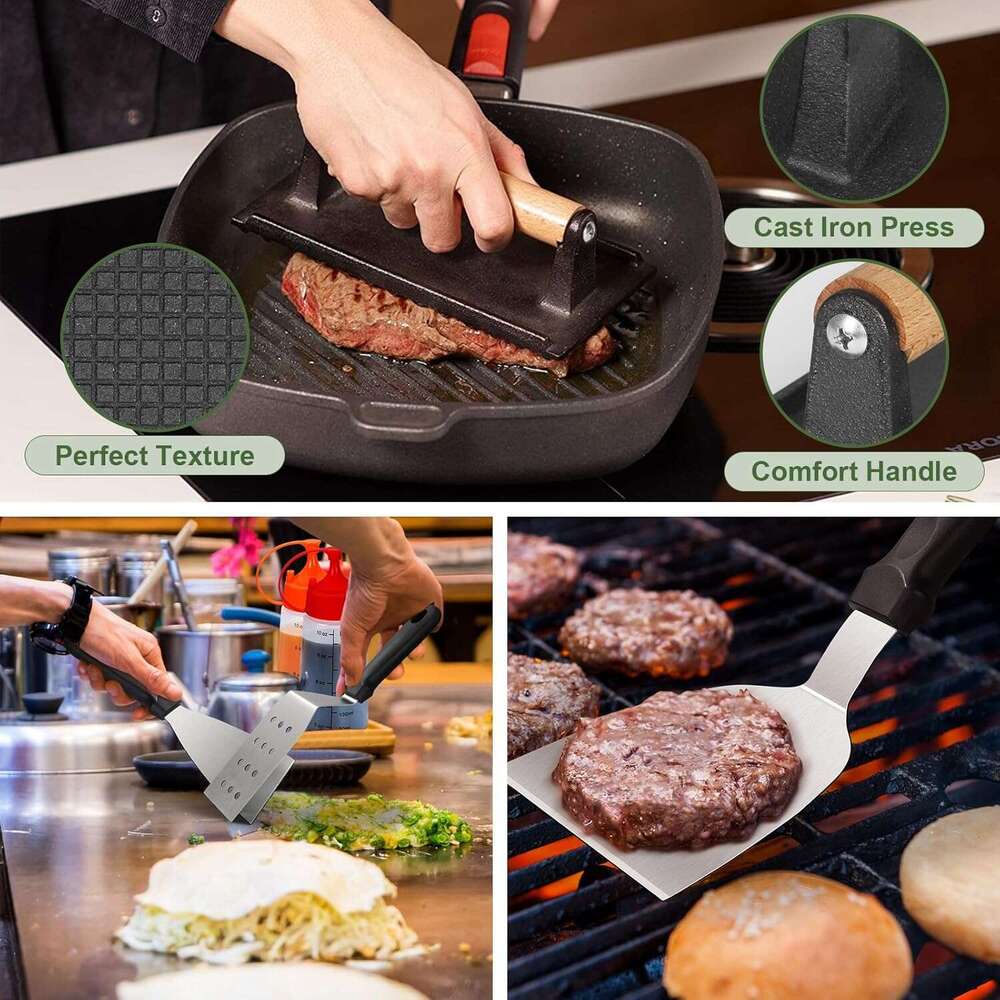 Griddle Kit, Upgraded Flat Top Accessories Blackstone and Camp Chef, Grill Spatula Set with Enlarged Spatulas, Basting Cover, Iron Smash Burger Press 