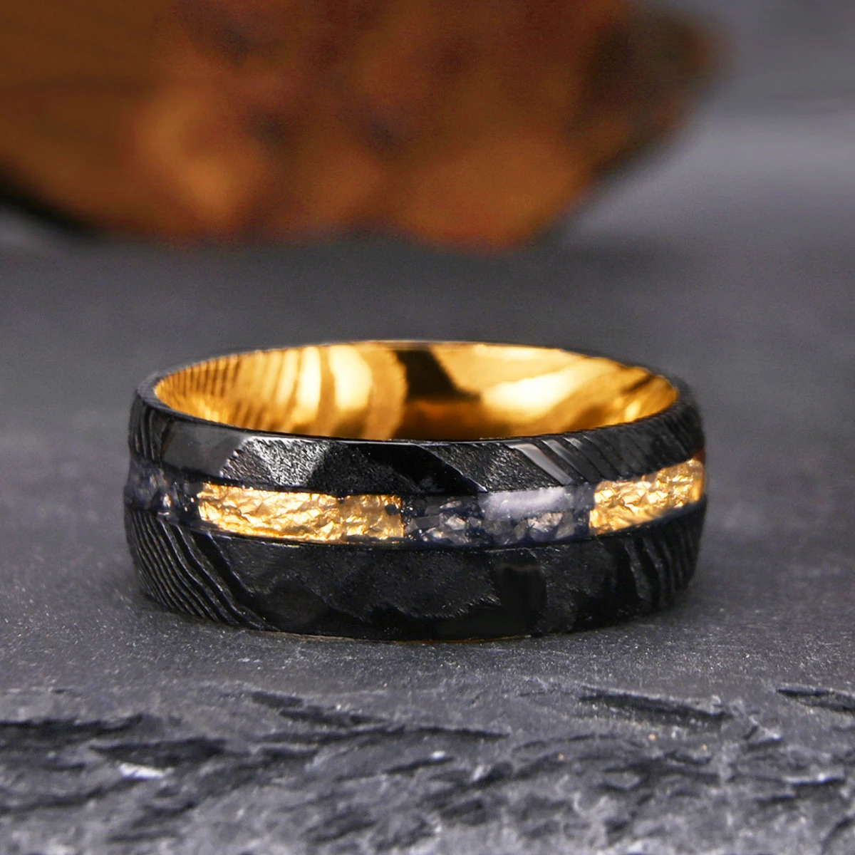 Black hammered Damascus steel mens 8mm couple wedding engagement ring daily fashion wear holiday gift 241213