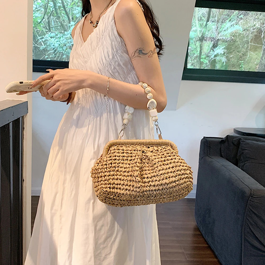 Women Straw Crossbody Bag Clutch Purse Weaving Shoulder Versatile Small Beading Handbag Rattan Boho Summer Beach Woven y250107