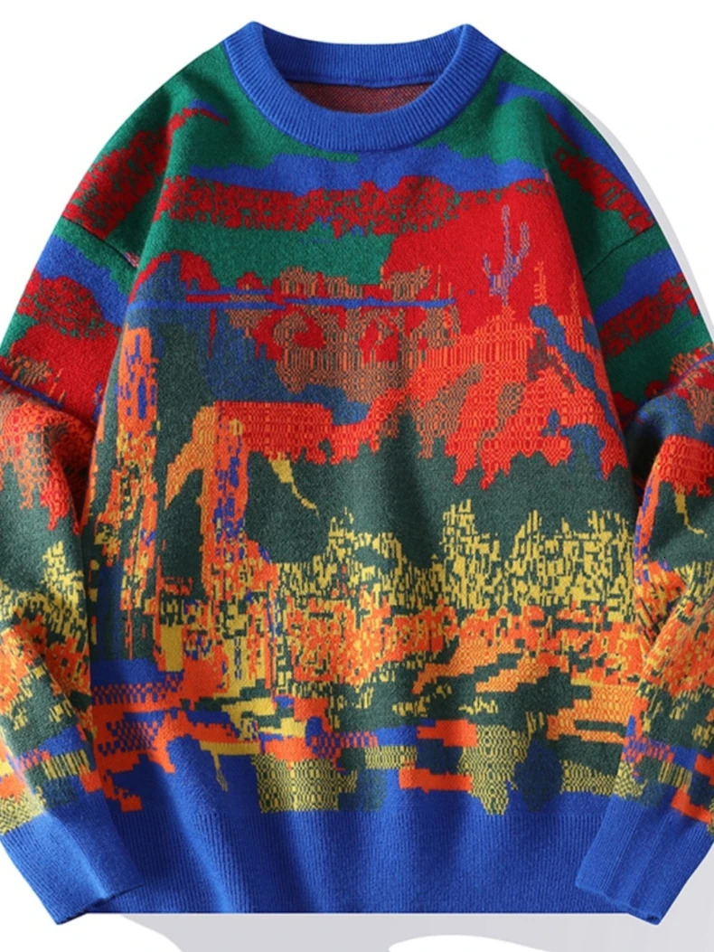 Winter Knitted Sweater Men Women Print Graffiti Knitwear Japanese Crewneck Jumper Couple Pullover Male Youth Geometirc 241213