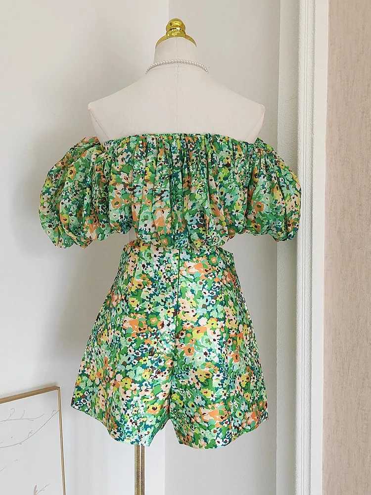 Women's Two Piece Pants Womens Retro Grn Printing 2-Piece Set 2024 Summer New Floral Puffed Slve Top+High Waist Shorts Suit Female Holiday Clothe