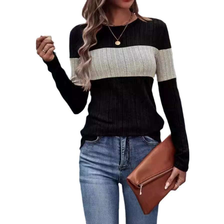 2024 European American Creative Spring and Autumn Round Neck Color blocked Loose Long Sleeve Hooded T-shirt for Women