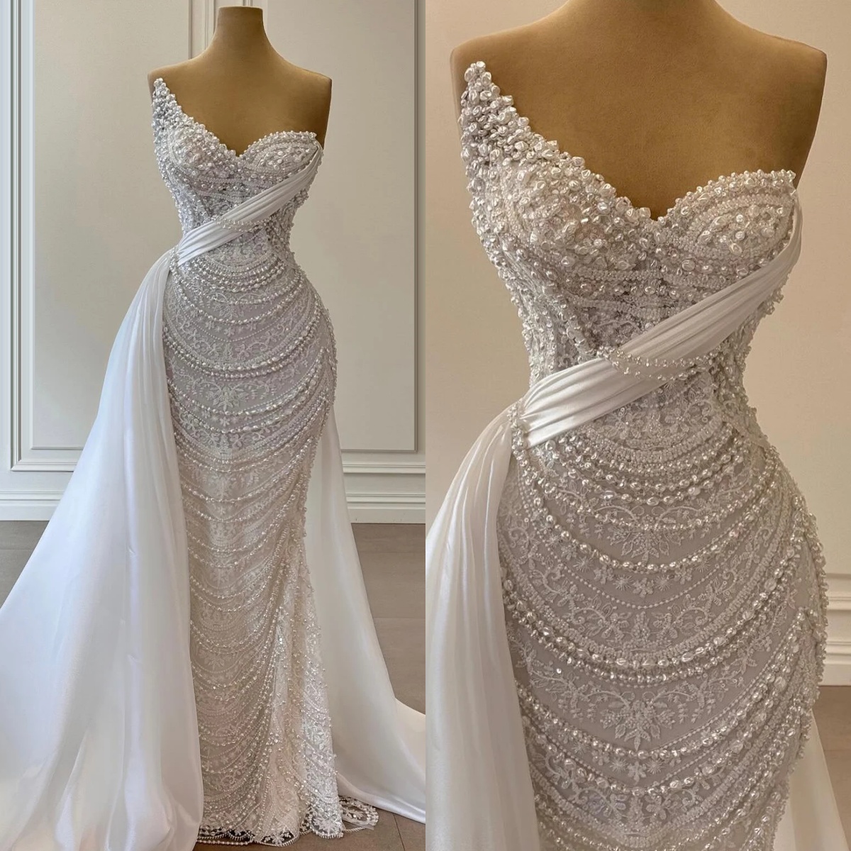 Elegant Mermaid Wedding Dresses For Women Strapless Sleeveless Gown Beaded Applique Sweep Train Customized Dress Party Vestido De Novia