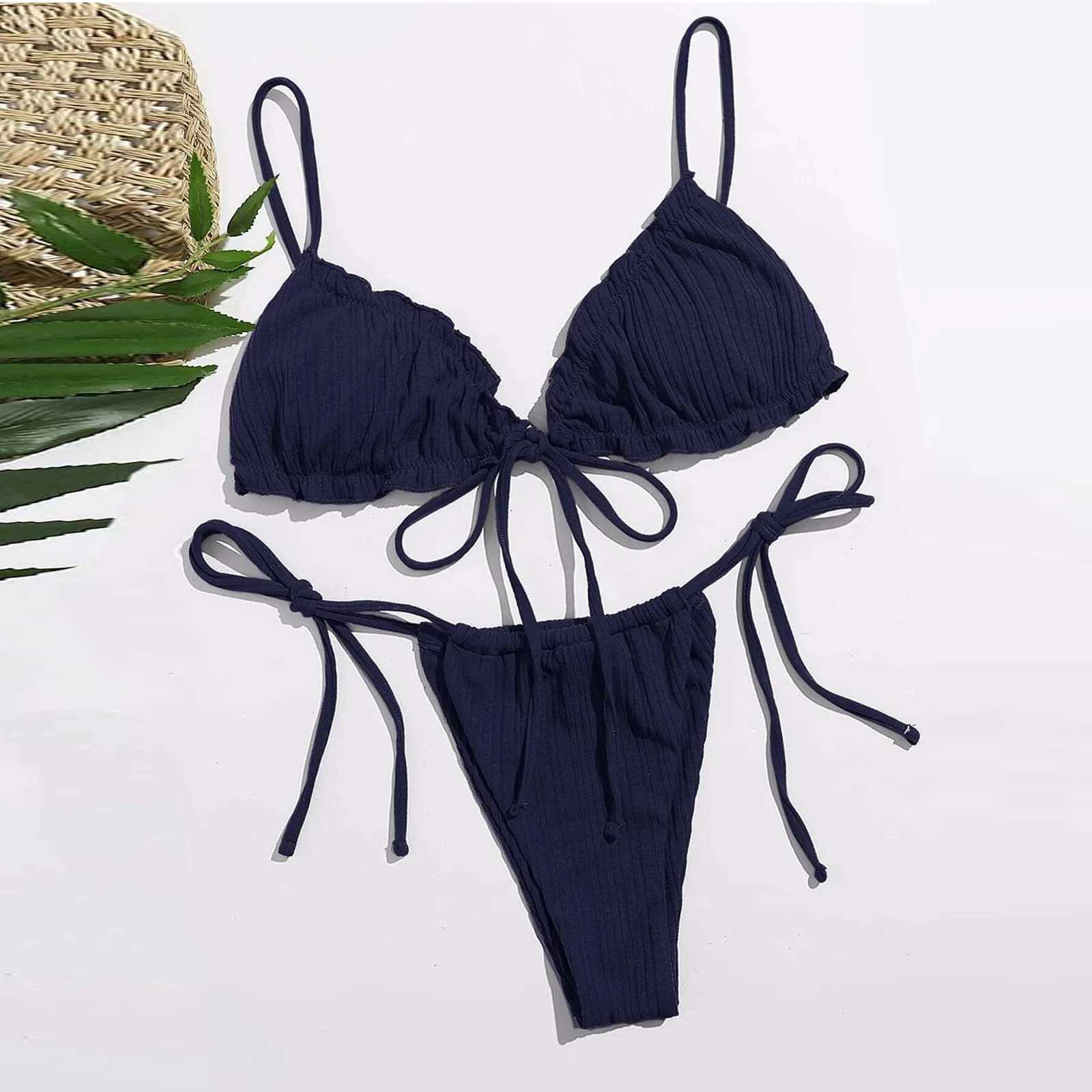 Fashion Woman Summer Bikini Set Solid Color Bandage Stretch Swimsuit 2024 New Swimwear Mini Thong Bikini Fa Bathing SuitXJ241212